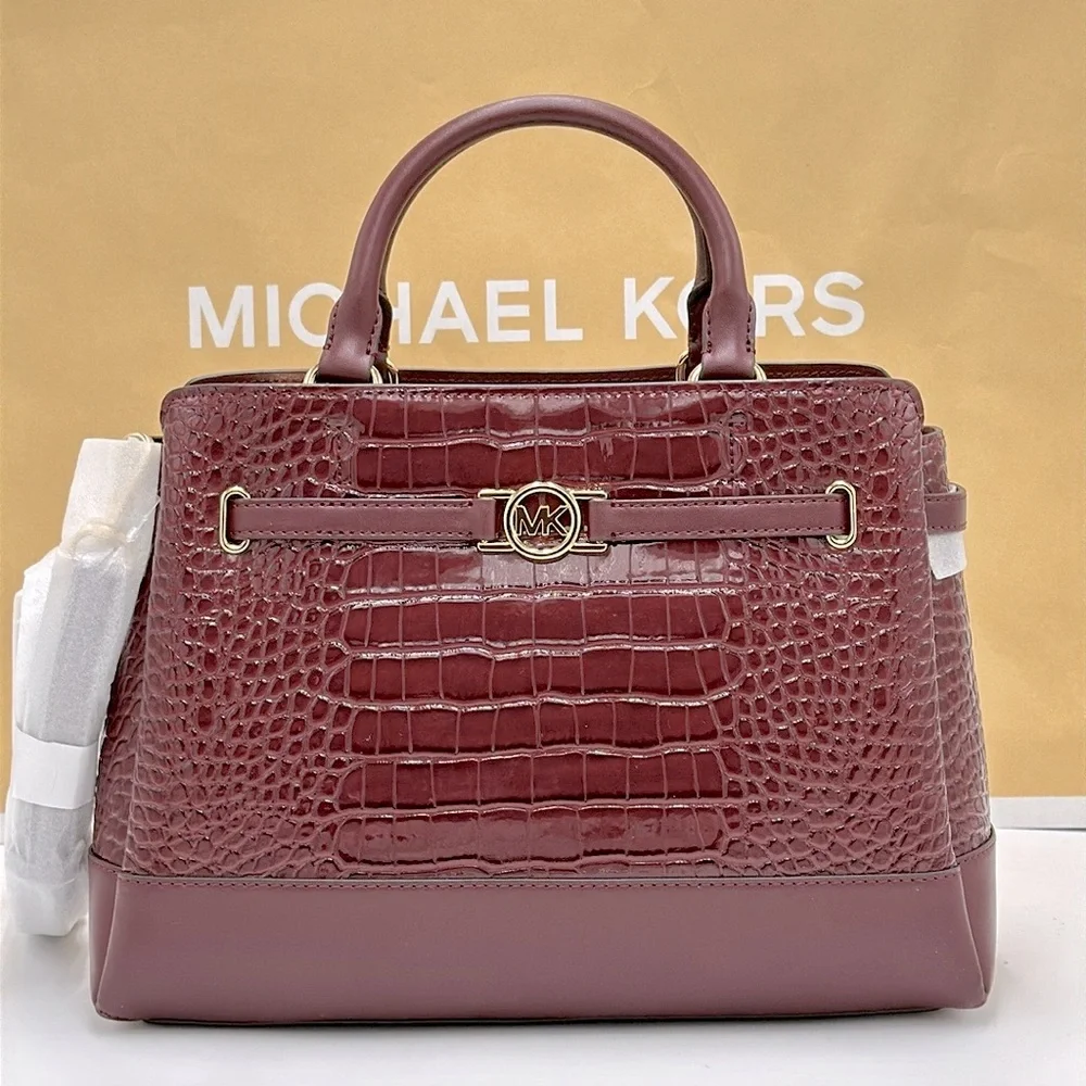 NWT MICHAEL MICHAEL KORS Reed Large Croc-Embossed Leather Belted Satchel Oxblood